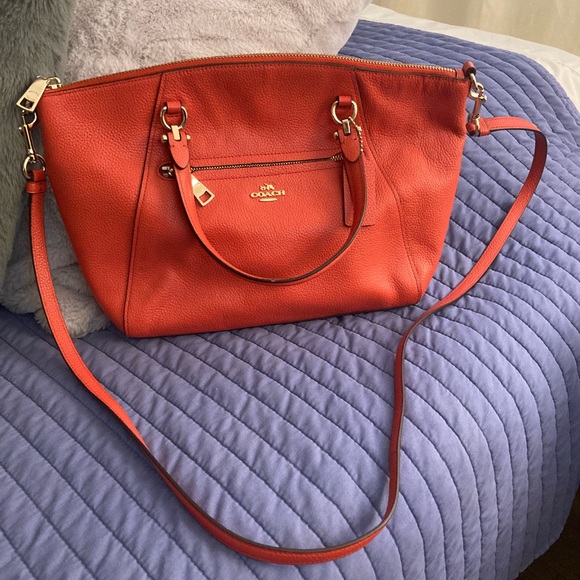 Coach crossbody or satchel handbag in poppy color (coral). - Picture 1 of 9
